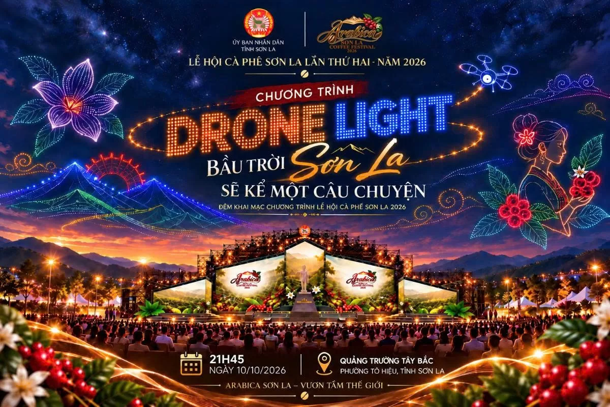 Poster Drone Light Art tại đêm khai mạc Lễ hội Cà phê Sơn La 2026