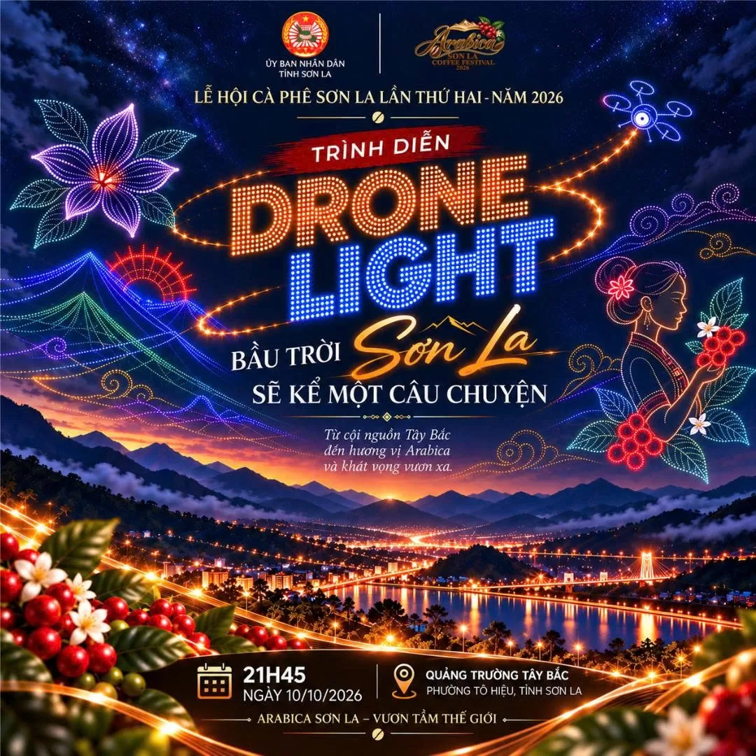 Poster Drone Light với hoa ban, cô gái Thái và sắc màu ánh sáng Tây Bắc