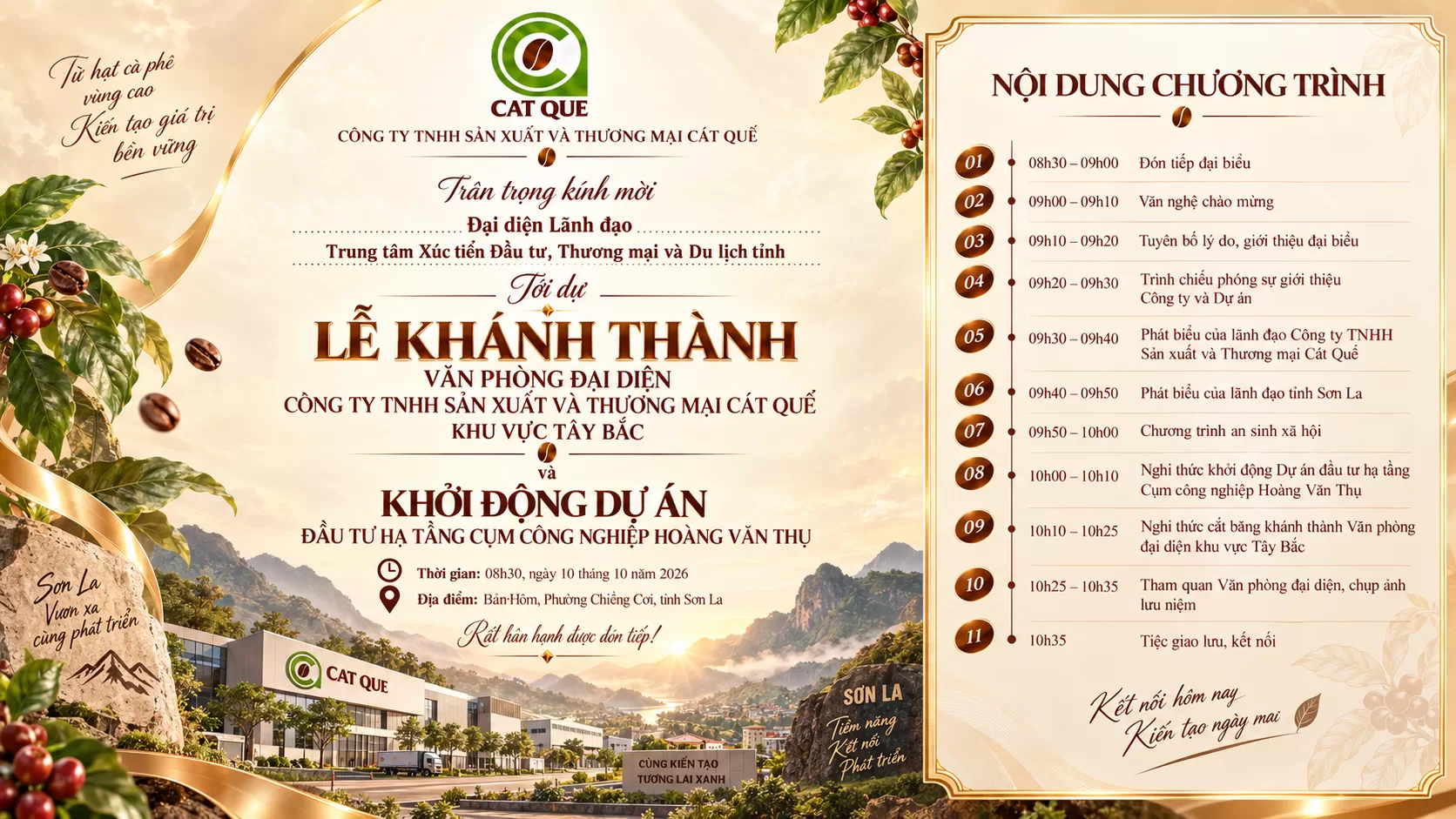 Thư mời lễ khánh thành Văn phòng đại diện Cát Quế và khởi động dự án Cụm công nghiệp Hoàng Văn Thụ, ngày 10/10/2026