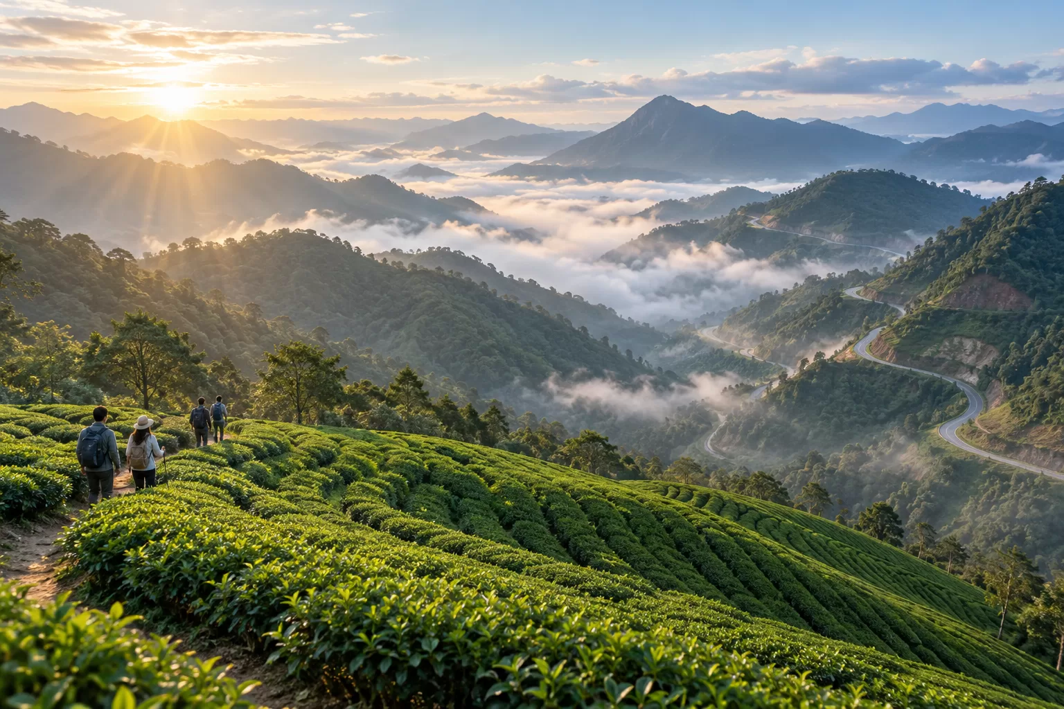Đồi chè xanh, cung đường đèo và núi rừng Tây Bắc trong ánh nắng sớm