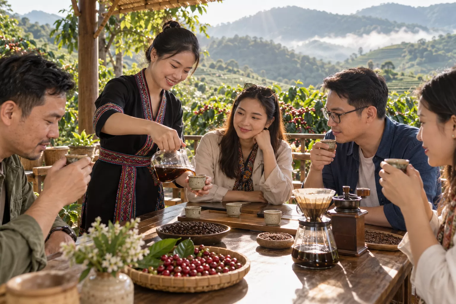 Trải nghiệm thưởng thức cà phê cùng người giới thiệu bên không gian vườn cà phê